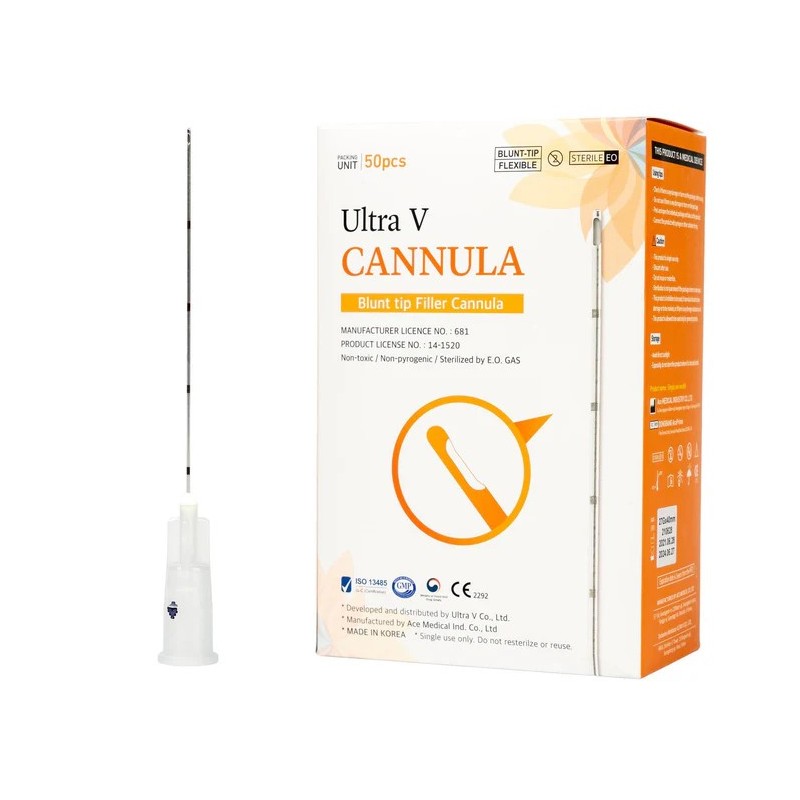 cánula de 22G x 70 mm,  medida ideal para rellenos con inductores de  colágeno